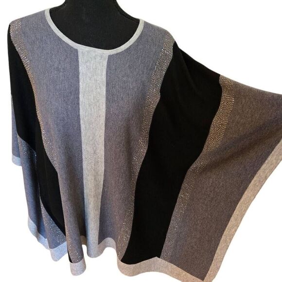 Alison Sheri Womens Poncho Style Gray Black Metallic Color Block Pullover Sweate - Picture 5 of 12